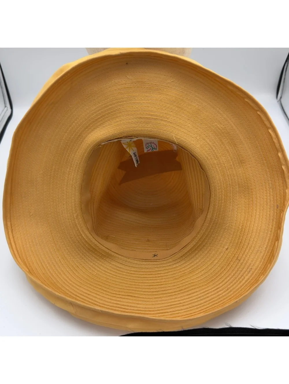 Vintage 1960s Elegant Wide Brim Pleated Mustard Yellow Hat with Bow Accent